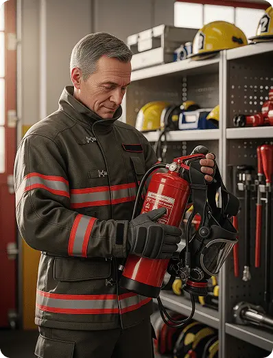 person with fire extinguisher